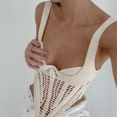 Easy Matching Sling Top Heavy Industry Woven Low Cut Collar Hollow Out Cutout out See through Boning Corset Vest