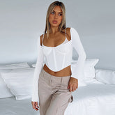 Top Faux Zweiteiler Taille Langarm Schmaler Träger Bottoming T-Shirt