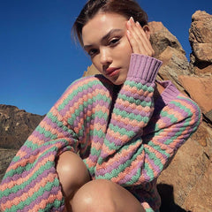 Cardigan Retro Rainbow Striped V neck Short Sweater Coat