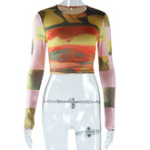 Tie Dyed Printed round Neck Long Sleeves Cropped Top T shirt Trendy