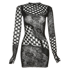 Jacquard Hollow Cutout round Neck High Waist Slim Short Dress