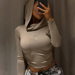 Wear Dune Hooded Top Casual Solid Color Long Sleeve Pleated Cropped T shirt