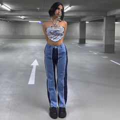 Jean slim patchwork taille haute, pantalon droit décontracté