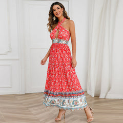 Crossover-Kleid mit Schnürung und Neckholder, überkreuzt, böhmisches Vintage-Blumenkleid