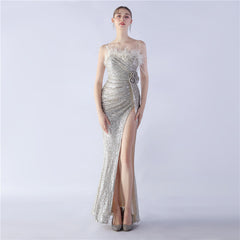 Ostrich Hair Craft Floral Wedding Annual Meeting High End Evening Dress