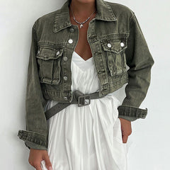 Distressed Green Workwear Denim Jacke Personalisierte Tasche Casual Short Top Herbst