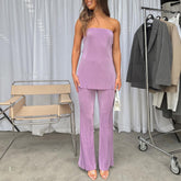 Backless Tube Top Top High Waist Pleated Wide Leg Pants Suit