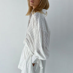 French White Jacquard Cotton Puff Sleeve Casual Shorts Suit Homewear Cool Pajamas