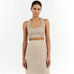 Khaki Cotton Linen Sleeveless Vest Camisole Slim Fit Maxi Skirt Set Skirt