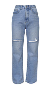 High Waist Loose Street Washed Straight Ripped Denim Trousers Non-Elastic Retro Drape Slightly Flared