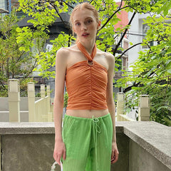 Solid Color Mesh Pleated Halter Top Backless