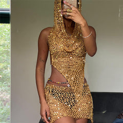 Ensemble haut en tricot à paillettes découpées et jupe portefeuille taille haute