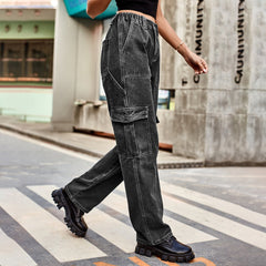 Washed Semi Elastic Personality Denim Cargo Pants Casual Pants