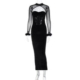Plush Mesh Stitching Night Club Hollow Out Cutout Maxi Dress Slim Dress