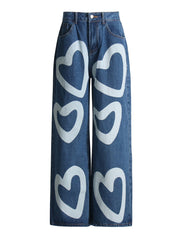 Jeans mit hoher Taille, drapiert, Retro, weites Bein, gerades Bein, bedruckt, Love Slimming Loose Jeans