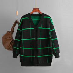 Knitwear Cardigan Plaid Coat Simple Loose Long Sleeves Top