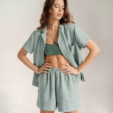 Baumwoll-Leinen-Pyjama, französische Einfachheit, Sporthemd, Shorts, doppellagig, Gaze, Homewear