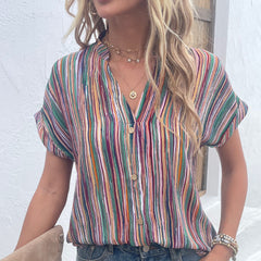 Shirt Striped Button Short Sleeve Shirt Loose Fitting Lining