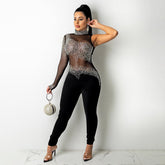 Durchsichtiger Mesh-Jumpsuit mit Strasssteinen und langen Ärmeln