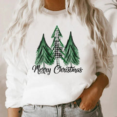 Fall White Long Sleeve Loose Christmas Graphic Print Crew Neck Sweater