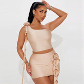 Street Solid Color One-Shoulder Stitching Floral Weste Wooden Ear Short Skirt Zweiteiliges Set