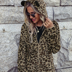 Veste décontractée en flanelle à capuche et manches longues avec fermeture éclair et motif animal