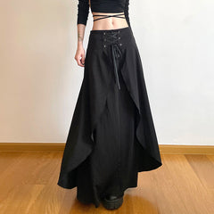 Dark Street Cool Eyelet Lace up Waist Controlled Asymmetric Skirt Double Layer Stitching Cover Slimming Midi Dress