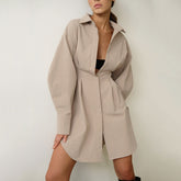 Robe chemise française à manches longues, coupe ajustée, taille serrée, style rétro, style minoritaire