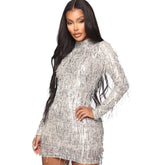 Slim Turtleneck Sequined Fringed Sheath Dress