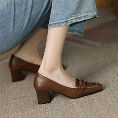 Women's Square Toe Bow Pumps Low-cut Chunky