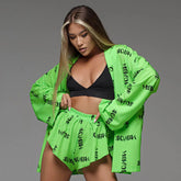 Langarm-Shorts, bedruckter Pyjama, zweiteiliges Set, lässige Strickjacke, lockere Homewear