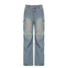 Jean délavé taille basse plissé, couleur unie, poches à brides, coupe droite, pantalon assorti