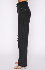 Europe America Street Hipster Ripped Washed Denim Straight Trousers