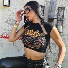 Street Printed Pin Open Collar T shirt Top