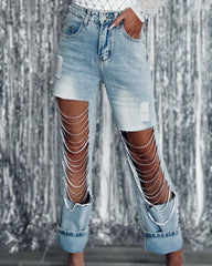 Jeans déchirés anciens, ornements de chaîne, pantalons droits
