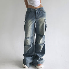 Jean délavé taille basse plissé, couleur unie, poches à brides, coupe droite, pantalon assorti