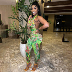 Printed Backless Top Skinny Pants Casual Set