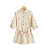 Cotton Linen Half Sleeve Collared Tied Belt Romper