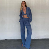Ensemble trois pièces élégant avec pantalon ample et manches longues, taille haute