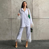 Special-Interest Long Sleeve Feather Shirt Casual Cropped Pants Suit