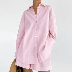 Cotton Linen Pajamas Long Sleeve Loose Shorts Two Piece Suit Outerwear White Homewear