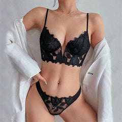 French Lace Untra Thin Underwear Set Breasts Contracting Steel Ring Push up Breast Holding Top Support V Shaped Bra