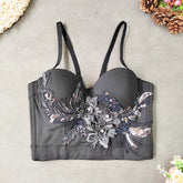 Haut bustier élégant en perles brodées, couleur unie, extensible, avec armatures, corset