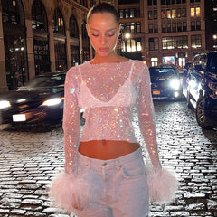 Fall Furry Stitching Grid Hollow Out Cutout cropped Top