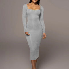 Arrival's Slim Fleece Square Collar Long Sleeve Dress