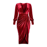 Robe longue fendue à manches longues, couleur unie, plissée, style V