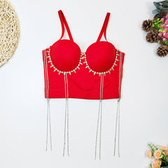 Hip Hop Belly Dance Performance Tube Top Nightclub Body Shaping Boning Corset Tassel Rhinestone Beaded Sling