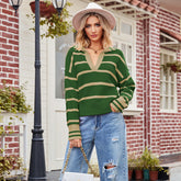 Patchwork-Streifenpullover mit Kragen und lockerer Strickmode