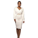 Solid Color V-neck Hooded Hip Wrapped Mid Length Skirt Urban Casual Long Sleeve Sweatshirt Suit