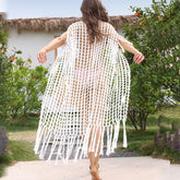 Knitted Tassel Beach Cover up Mesh Hollow Out Loose Vacation Cardigan Bikini Cover